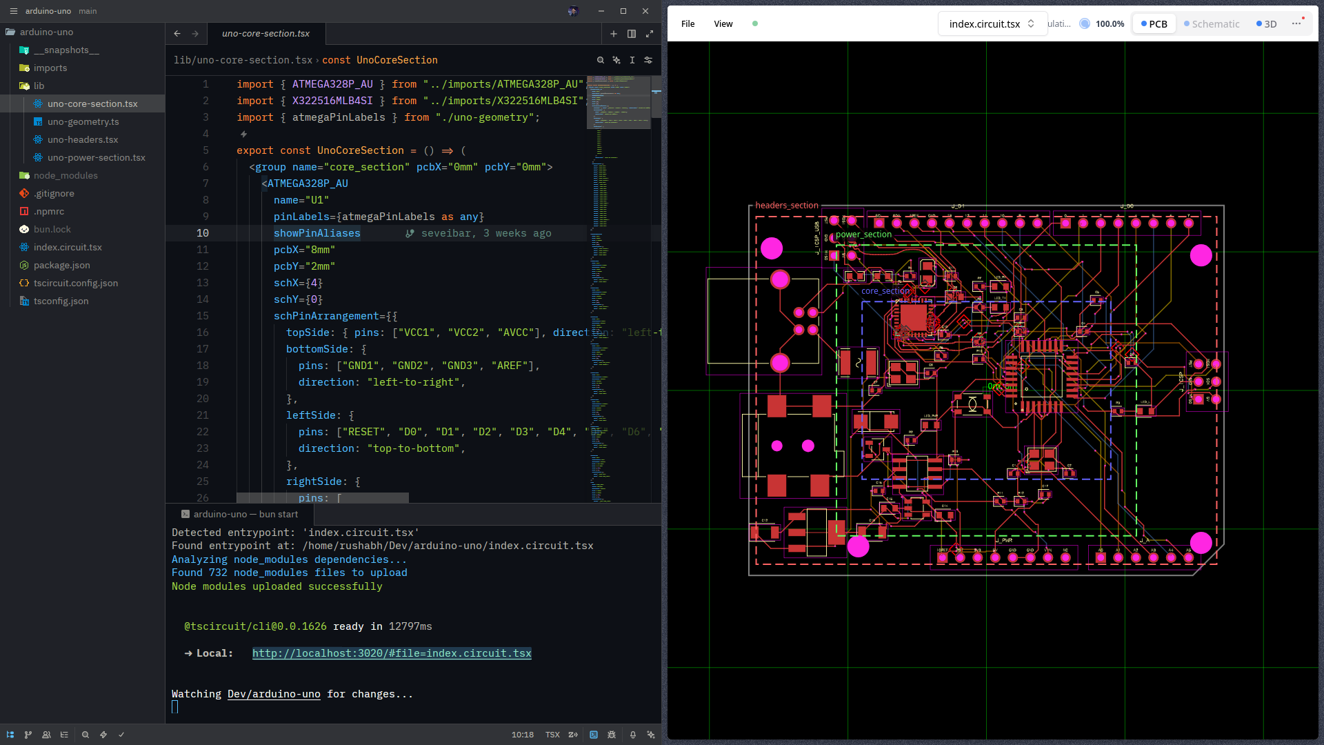 tscircuit playground showing editor, 3D board viewer, and console